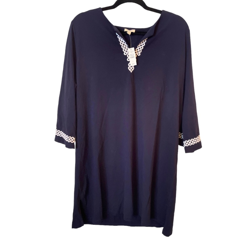 NWT Talbots Navy Blue Long Sleeved Embroidered Shift Dress